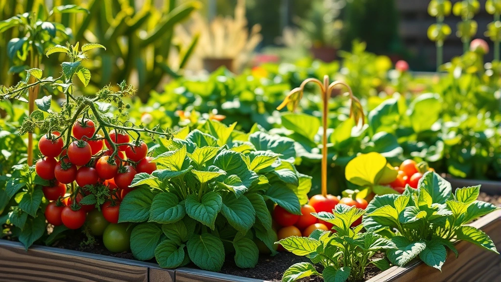 Lush spring vegetable garden beds in California with tomato plants, lettuce, and peppers growing in warm sunlight with wooden raised borders