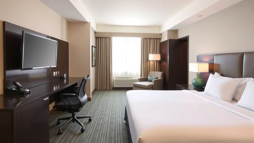 Modern hotel room with comfortable king bed, workspace desk with ergonomic chair, flat-screen TV, and contemporary furnishings in neutral tones. Natural light from window, clean professional hotel bedroom interior.