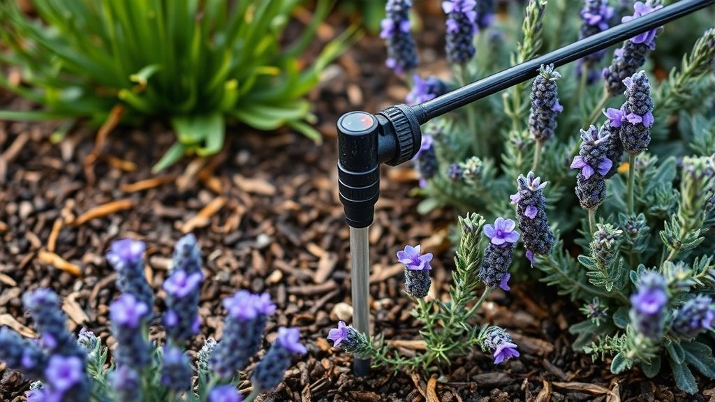 Close-up detail of drip irrigation system delivering water to drought-resistant Mediterranean plants including lavender, rosemary, and sage in mulched garden bed with morning dew visible
