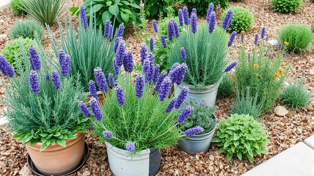 Mediterranean herb garden with rosemary, lavender, sage, and thyme plants thriving in containers and ground beds with dry mulch coverage