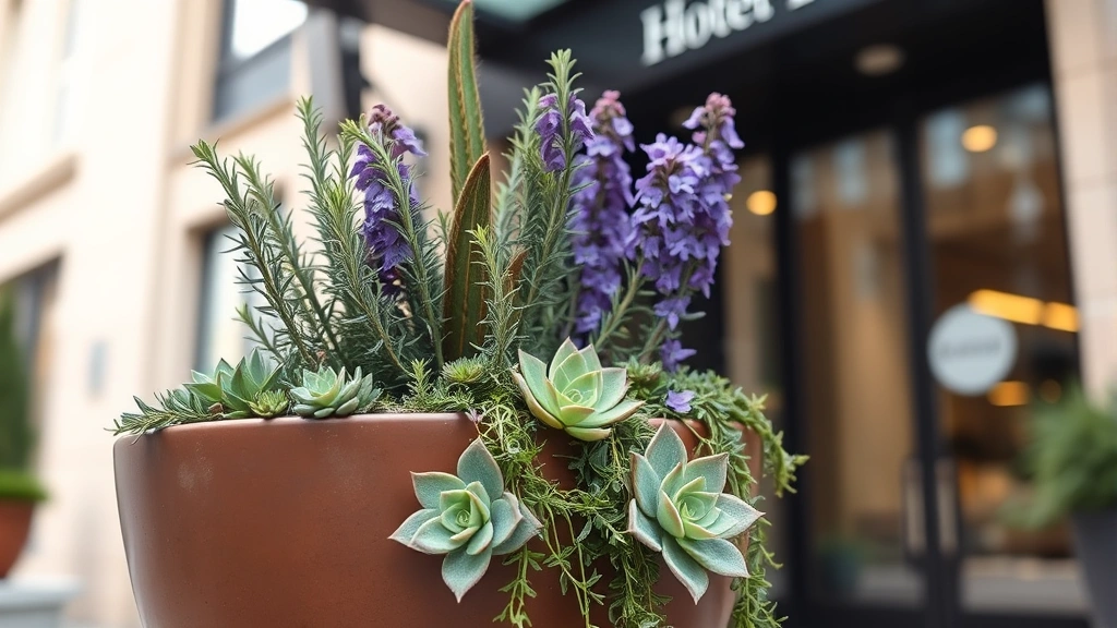 Close-up of container garden arrangement with trailing succulents, rosemary, and purple flowers cascading from modern hotel planter, architectural building entrance softly blurred behind
