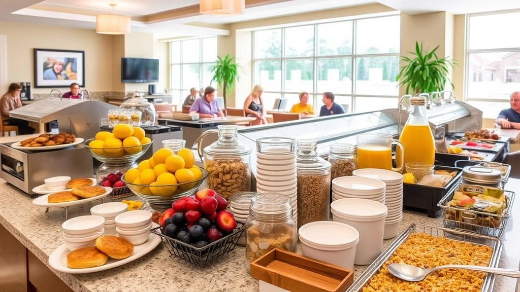 Complimentary breakfast buffet spread with fresh fruits, pastries, yogurt, cereals, coffee, juice, and hot breakfast items. Bright hotel breakfast area with guests dining at tables.