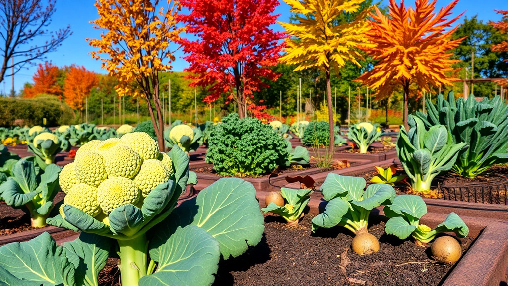 Vibrant autumn San Jose garden scene showing mature broccoli, leafy greens, and root vegetables in raised beds with rich dark soil, cool-season crops thriving under clear blue sky
