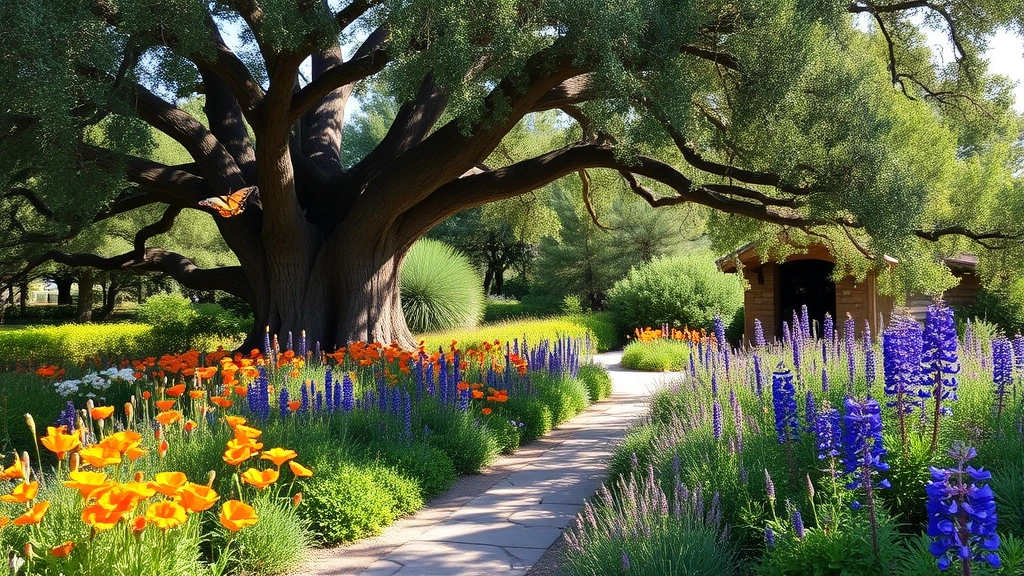 Native California garden scene with coast live oak tree providing dappled shade over wildflowers including poppies and lupines, stone pathway, butterfly and pollinator activity visible