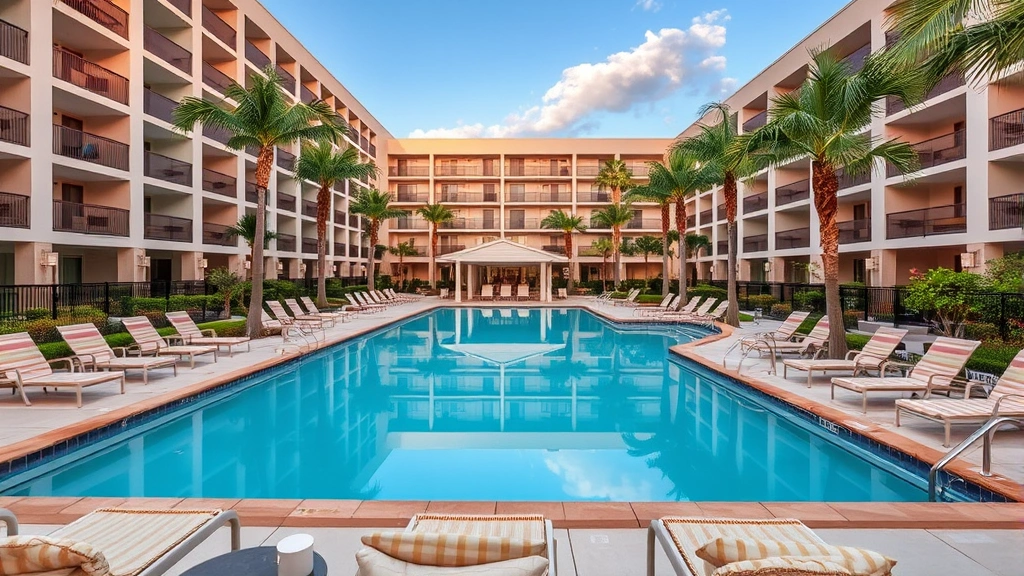 Serene hotel pool area surrounded by lounge chairs, clear water, palm trees, and tropical plantings creating a relaxing outdoor leisure space for guests