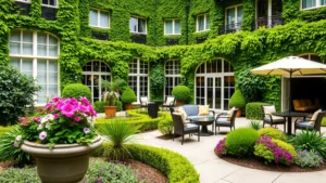 Lush green hotel courtyard with flowering planters, manicured ornamental gardens, and comfortable outdoor seating areas surrounded by vibrant perennials and shrubs