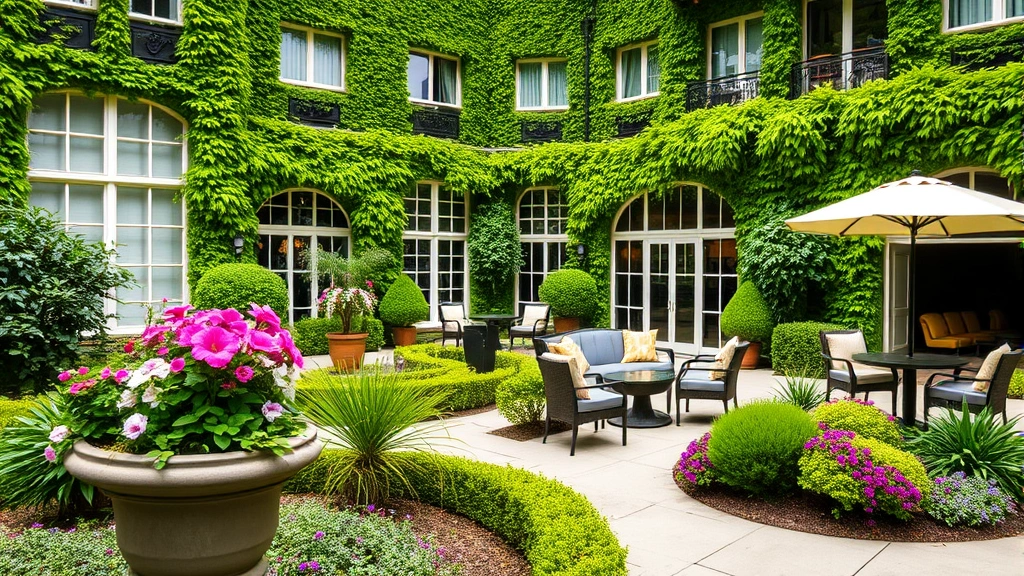 Lush green hotel courtyard with flowering planters, manicured ornamental gardens, and comfortable outdoor seating areas surrounded by vibrant perennials and shrubs