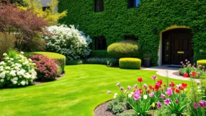 Lush green hotel courtyard with flowering shrubs, manicured lawn, blooming perennials in spring, natural daylight, welcoming entrance area with landscaping
