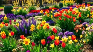 Vibrant spring garden beds with colorful perennials blooming in morning sunlight, lush green foliage, variety of flowering plants in full bloom including tulips and daffodils