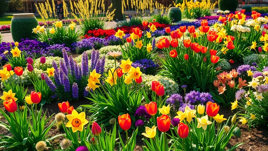Vibrant spring garden beds with colorful perennials blooming in morning sunlight, lush green foliage, variety of flowering plants in full bloom including tulips and daffodils