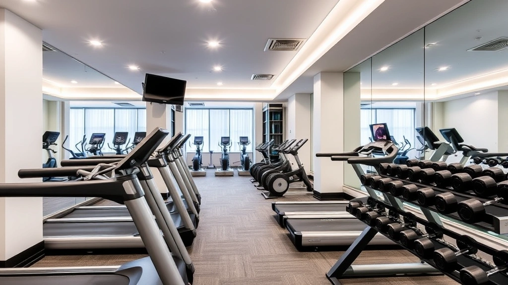 Hotel fitness center with cardio equipment, treadmills, stationary bikes, dumbbells, mirrors, bright lighting, clean modern gym facility
