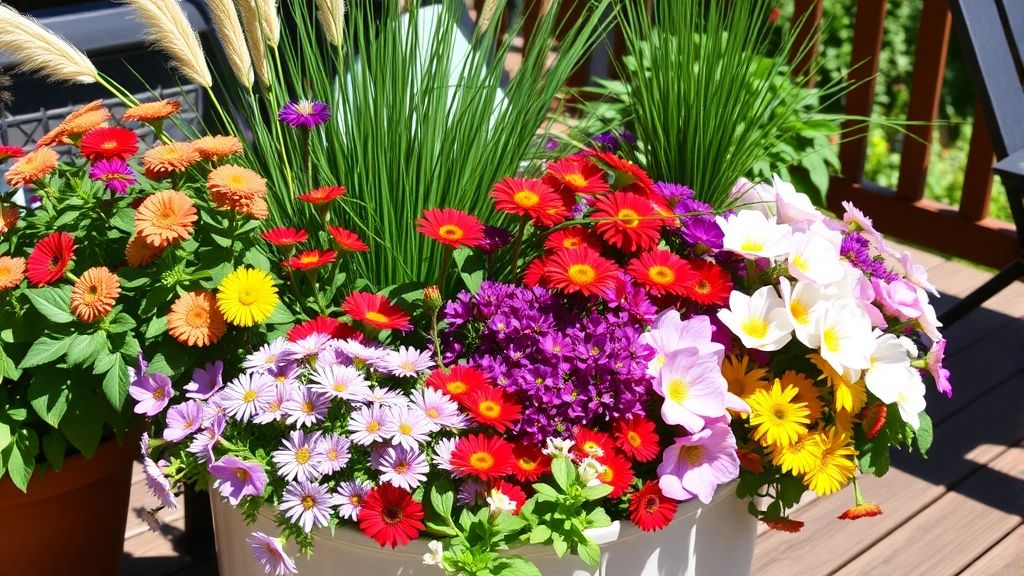 Vibrant container garden arrangement featuring mixed flowering annuals, ornamental grasses, and foliage plants on a sunny patio or deck