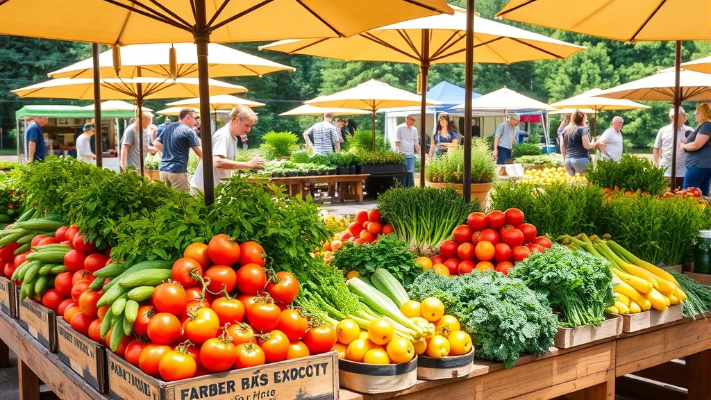 Vibrant farmer's market scene with fresh local produce displays, ripe tomatoes, herbs, and plants at wooden vendor tables under sun umbrellas, natural outdoor setting