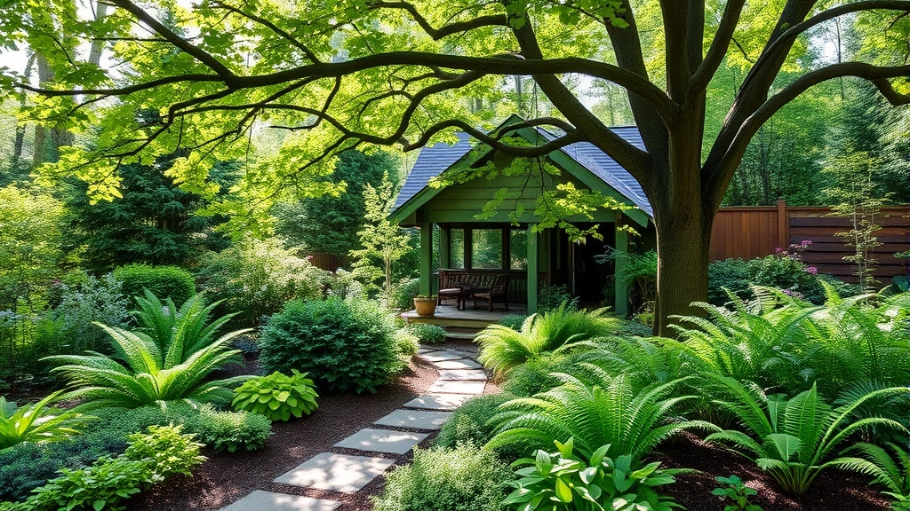 Professional landscape design showing layered shade garden with hostas, ferns, and woodland plants thriving under mature tree canopy with dappled sunlight
