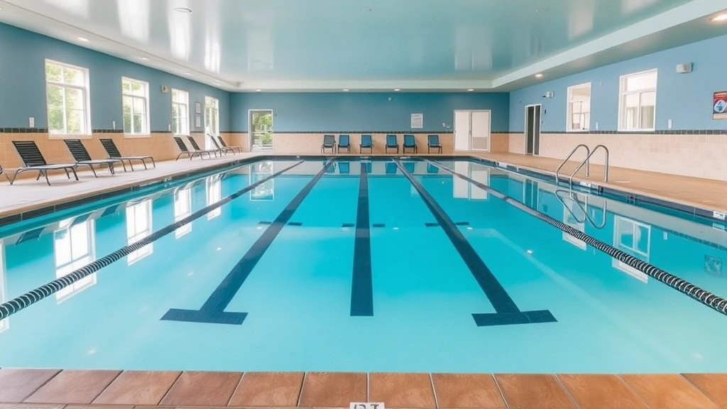 Indoor heated swimming pool with lap lanes, lounge chairs, and windows showing natural outdoor light, clean and inviting aquatic facility