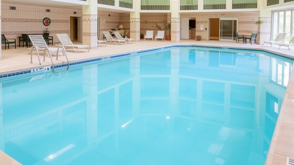 Hotel swimming pool area with lounge chairs, indoor pool with blue water, clean tile surroundings, comfortable seating, relaxation space