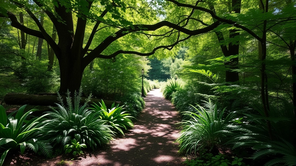 Peaceful woodland garden path bordered by shade-tolerant hostas, ferns, and native understory plants with dappled sunlight filtering through mature tree canopy