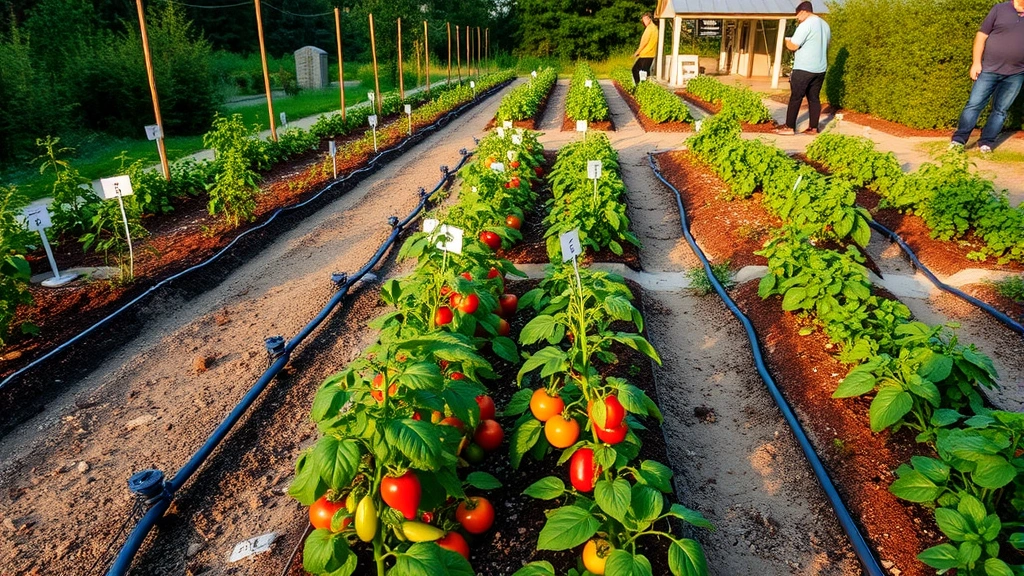 Community garden beds with mature vegetable plants, neat rows of tomatoes and peppers, drip irrigation systems visible, afternoon garden lighting with volunteers tending plants