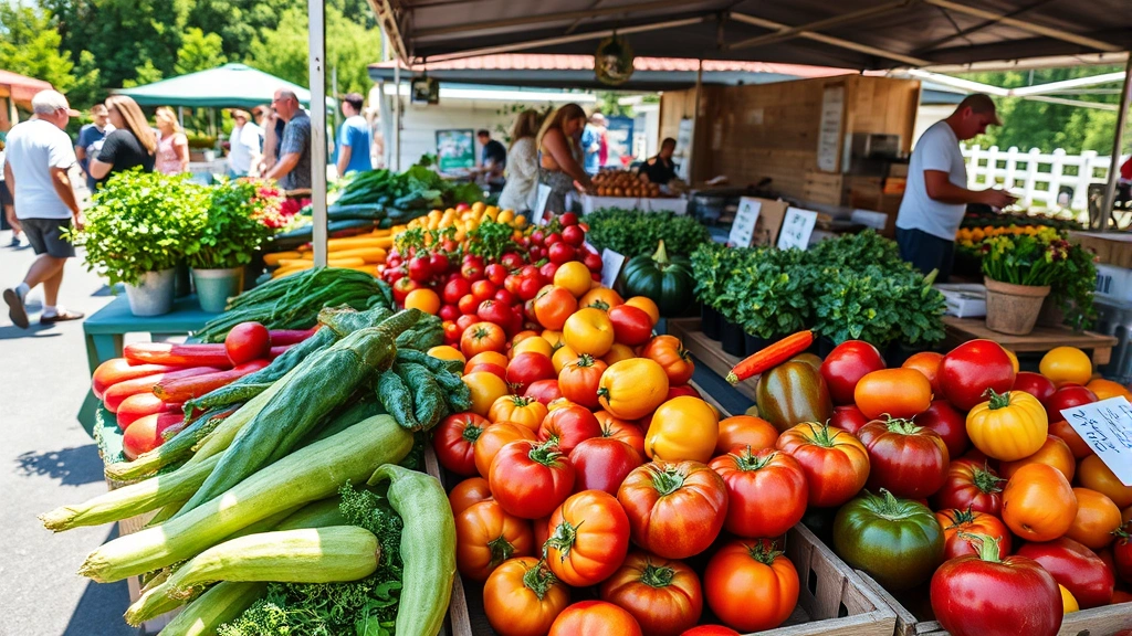 Farmer's market stall with fresh vegetables, heirloom tomatoes, local produce, plants in containers, vibrant colors, people shopping, sunny outdoor setting