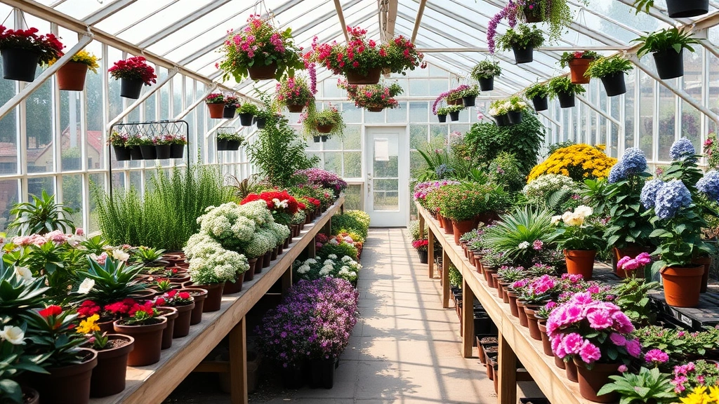 Bright plant nursery greenhouse interior filled with potted perennials, shrubs, and flowering specimens arranged on tiered benches with natural light streaming through glass panels