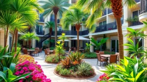 Lush tropical garden courtyard with flowering plants, palm trees, and comfortable seating areas at a Florida hotel property, natural sunlight, vibrant green foliage and colorful blooms