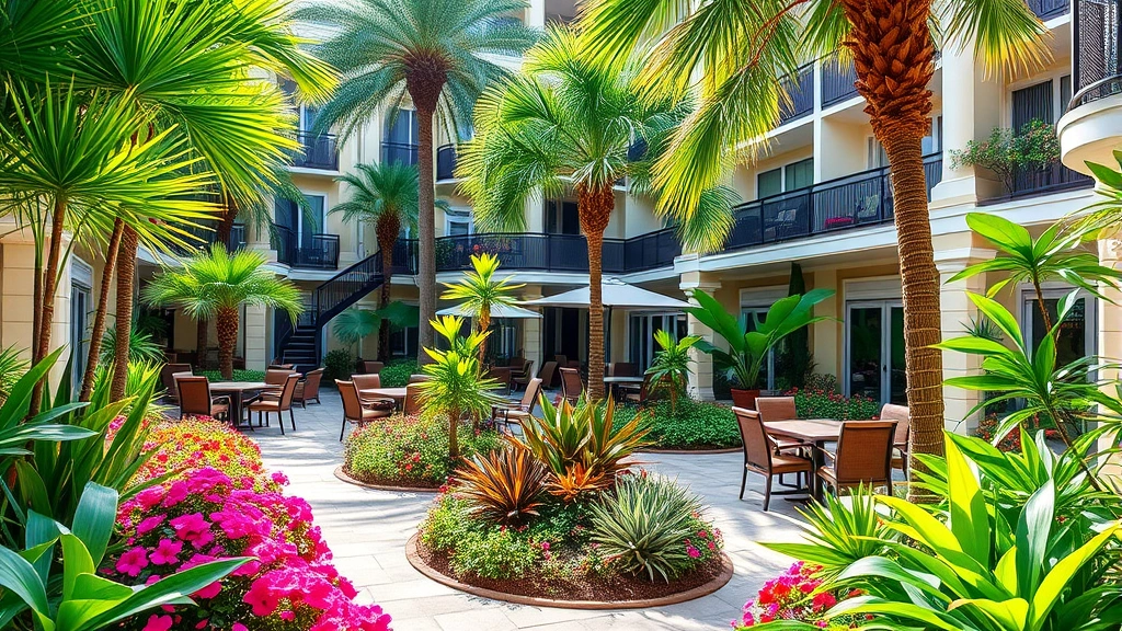 Lush tropical garden courtyard with flowering plants, palm trees, and comfortable seating areas at a Florida hotel property, natural sunlight, vibrant green foliage and colorful blooms