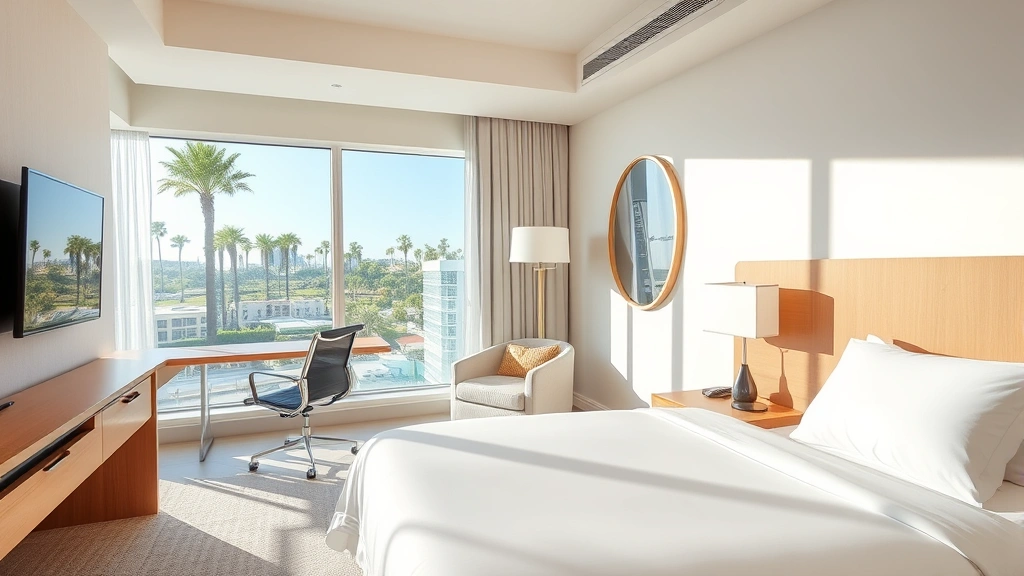 Modern hotel room interior with clean white bedding, work desk by window overlooking palm trees, bright natural lighting, contemporary furnishings, welcoming and comfortable atmosphere