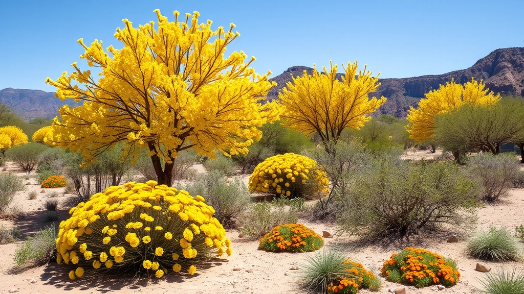 Vibrant desert garden landscape showcasing palo verde trees with yellow spring flowers, creosote bushes, and desert marigold in full bloom under bright Arizona sunlight, native shrubs thriving in sandy soil with mountain backdrop
