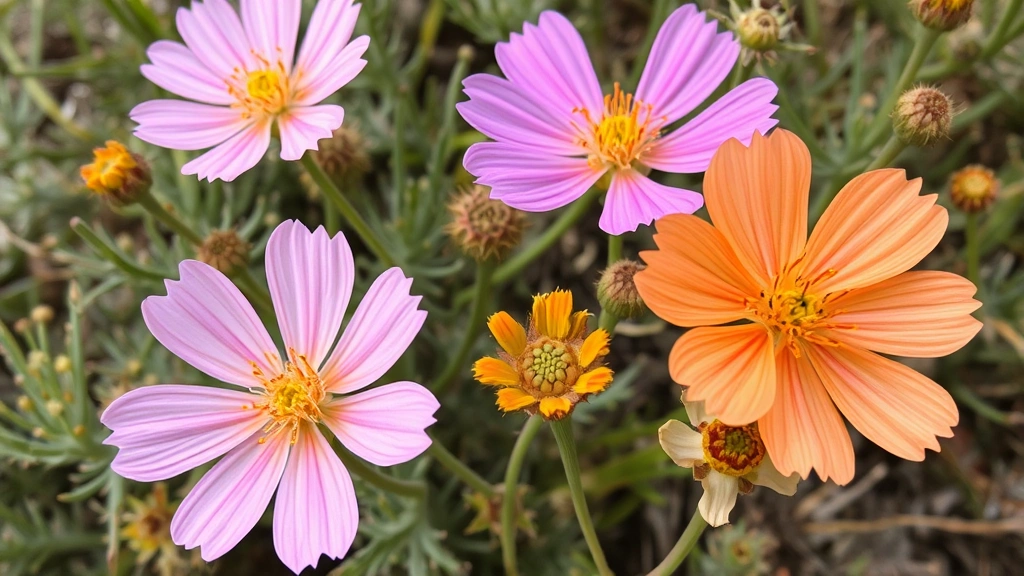 Close-up of desert flowering plants including pink Apache plume flowers, orange brittlebush blooms, and delicate ghost flower petals, with green foliage and natural desert setting