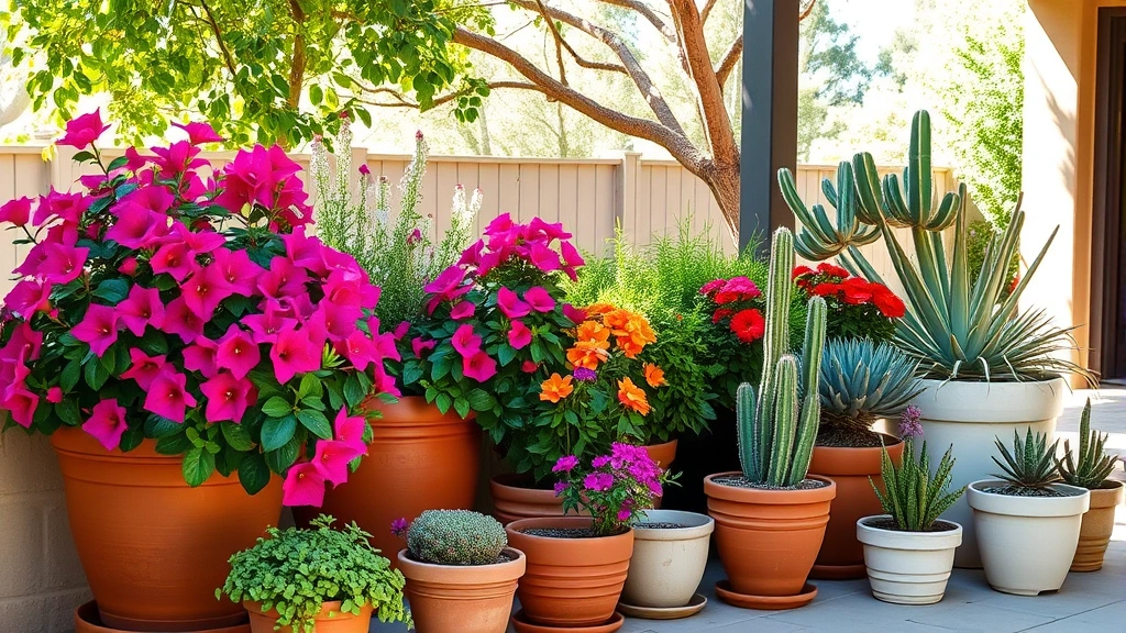 Lush container garden display featuring colorful bougainvillea, lantana, and desert plants in terracotta and light-colored pots arranged on a shaded patio with afternoon sun filtering through trees
