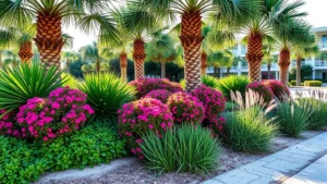 Lush subtropical landscaping with native Florida plants including palmetto palms, vibrant flowering shrubs, and ornamental grasses in full sun, professional hotel grounds maintenance visible, sandy soil visible at base of plantings, natural afternoon lighting