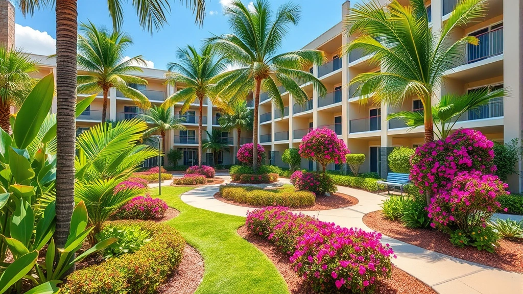 Lush tropical hotel courtyard landscape with native Florida palmettos, coontie plants, and colorful flowering shrubs in full bloom under bright sunshine, well-maintained garden beds with mulch pathways