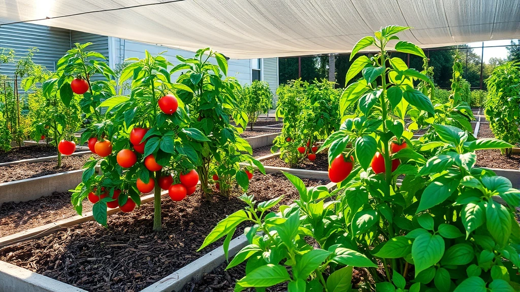 Lush vegetable garden beds in Tampa Bay with tomato plants, pepper plants, and basil herbs growing in raised beds with mulch, bright afternoon sunlight filtering through shade cloth structure