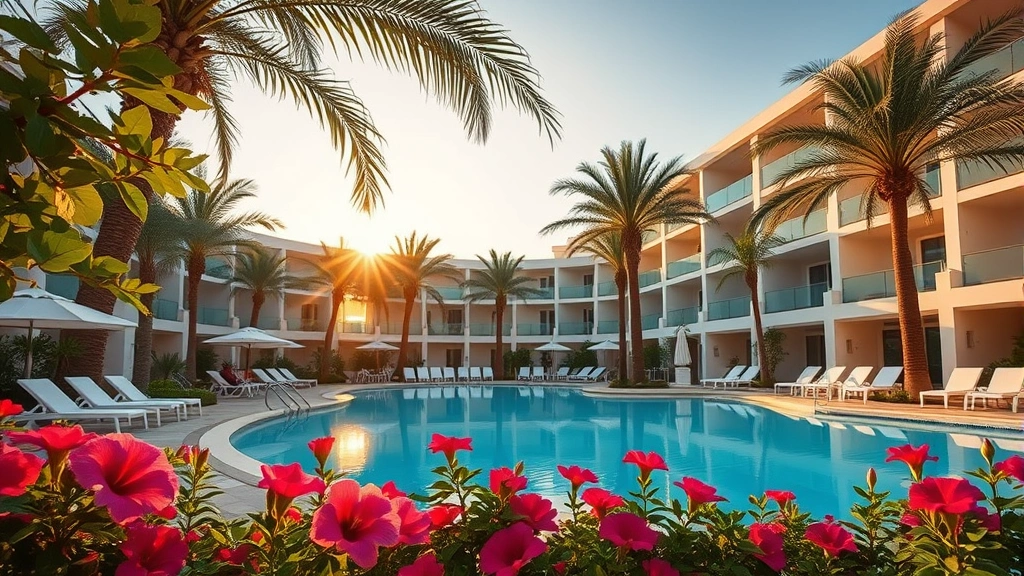 Modern hotel pool area surrounded by vibrant hibiscus and lantana flowers, palm trees providing dappled shade, lounge chairs and palm-lined swimming pool during golden hour light