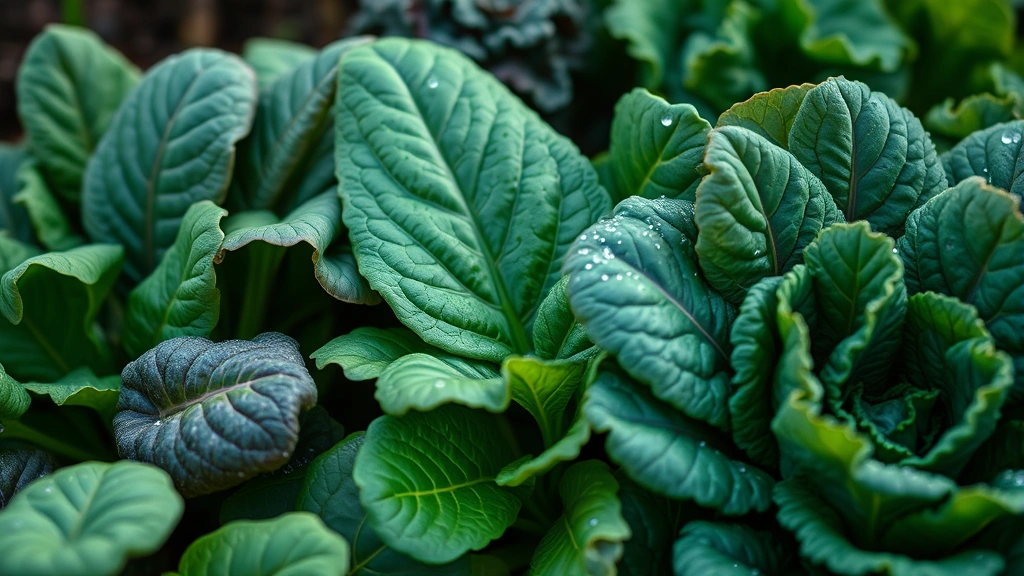 Close-up of vibrant green leafy vegetables including spinach, kale, and lettuce growing together in winter garden with morning dew, cool season cool-weather crops thriving