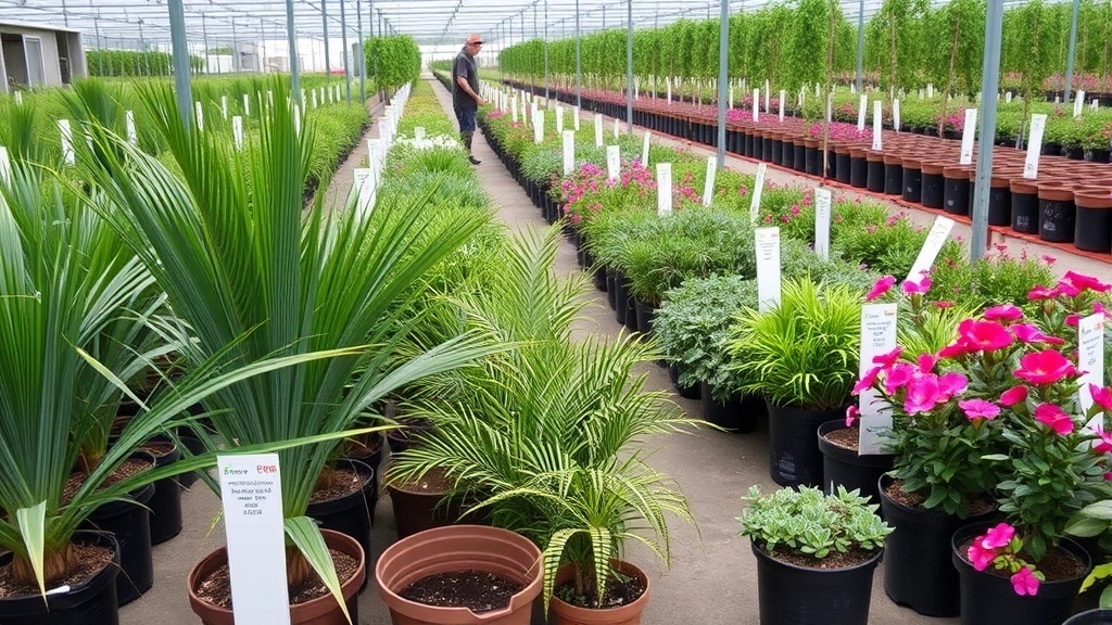 Native plant nursery with rows of Florida native species in containers, including saw palmetto, coontie, native azaleas, and flowering perennials, staff member in background assisting customer, professional growing facility, clear plant identification markers visible