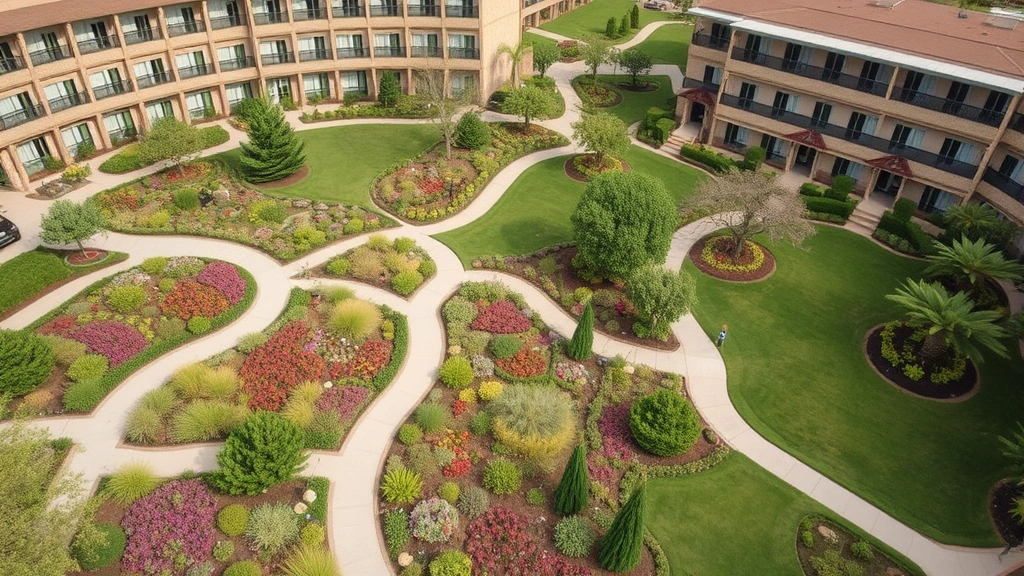 Aerial view of hotel grounds showing native plant gardens, walking paths through landscaped areas with saw grass and flowering perennials, manicured lawn spaces and specimen trees scattered throughout property