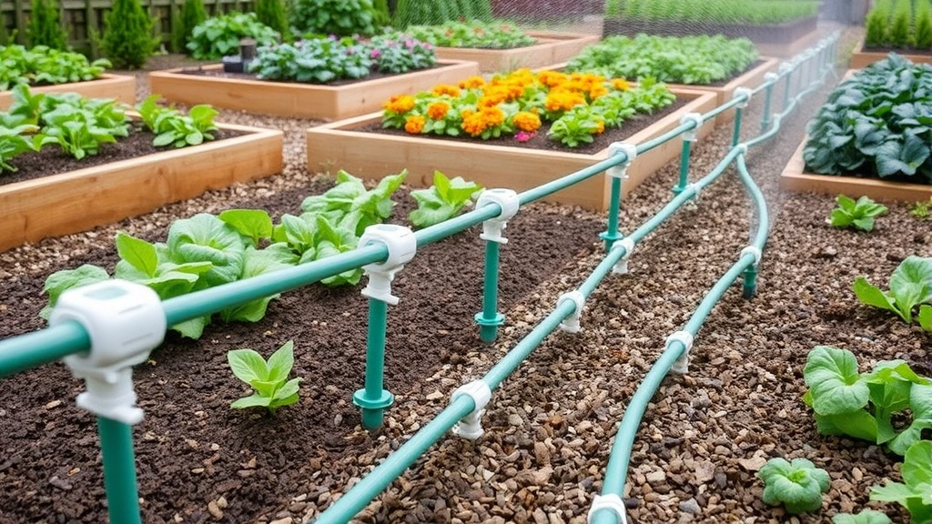 Garden irrigation drip system with soaker hoses watering multiple raised beds filled with colorful vegetables, mulched soil visible, efficient water delivery system in action