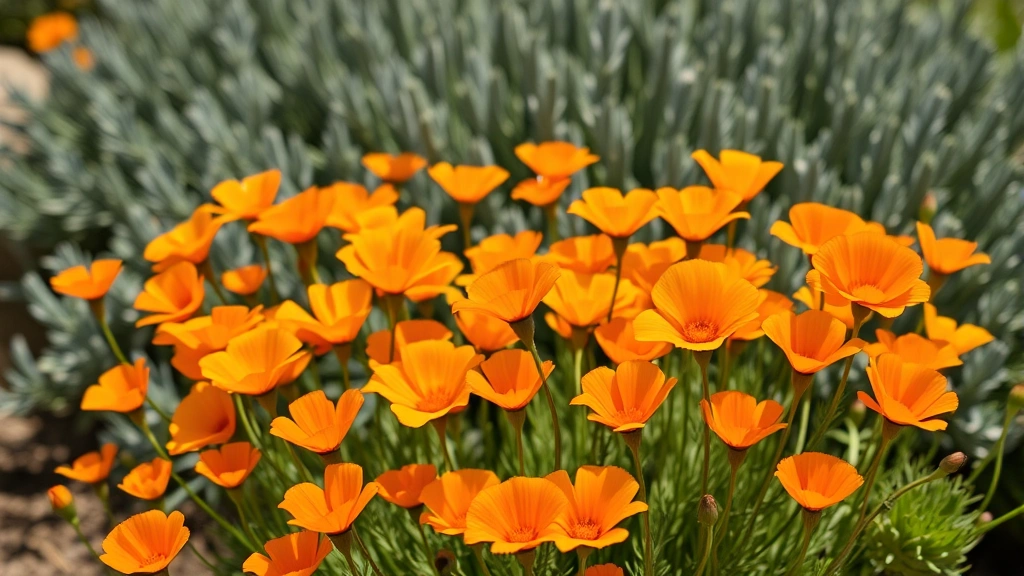 Vibrant California poppy flowers in orange and gold blooming abundantly in a sunny garden bed with gray-green Mediterranean foliage plants in soft focus background, natural daylight