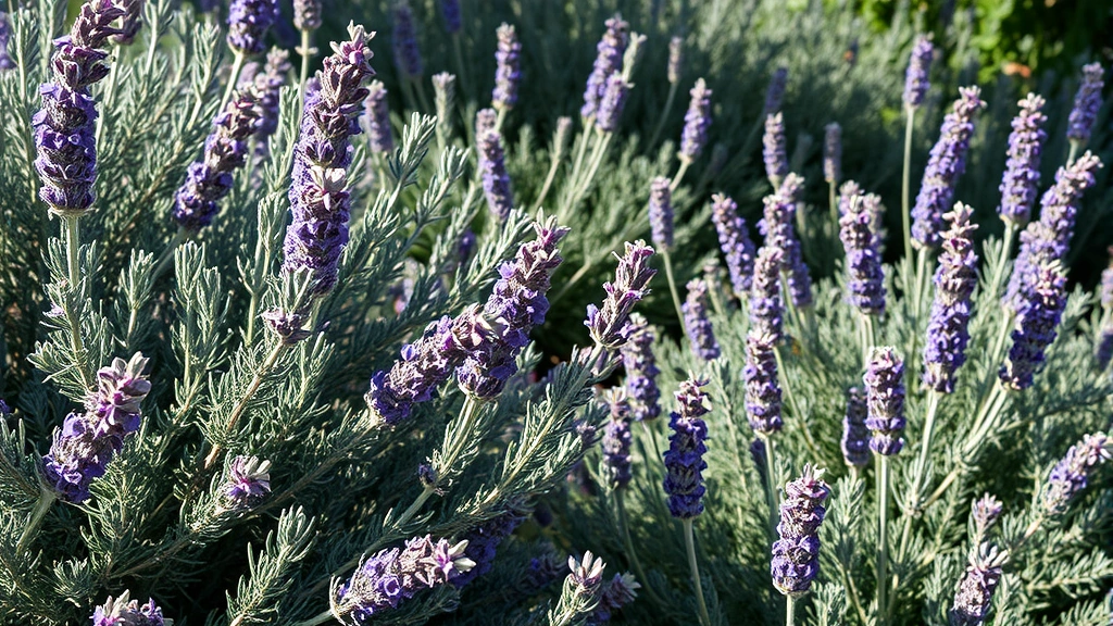 Mature rosemary and lavender plants in full bloom with purple and blue flowers, creating a dense Mediterranean herb garden with dappled morning sunlight casting shadows on silvery foliage