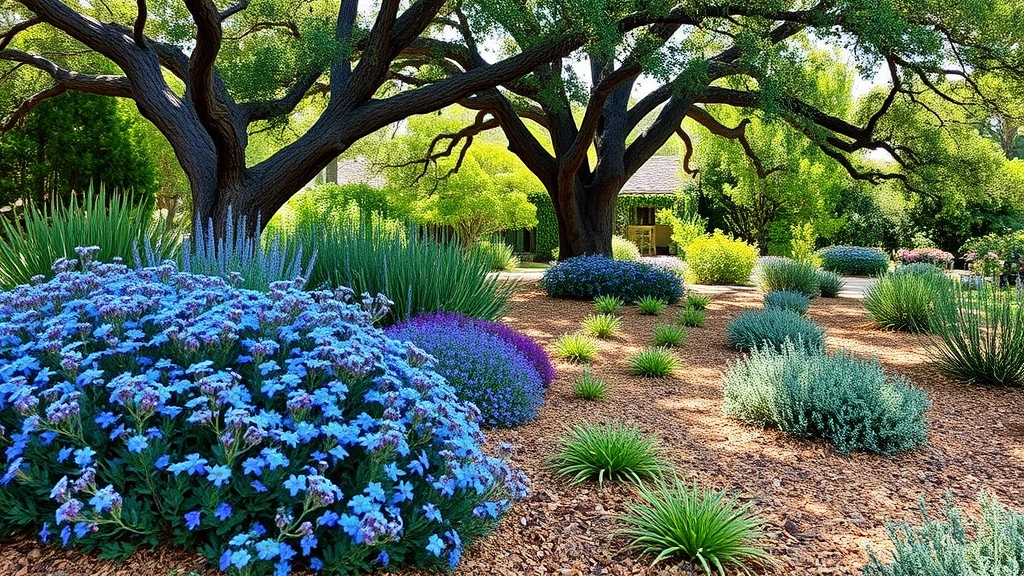 Drought-tolerant mixed garden featuring ceanothus with blue flowers, native California shrubs, and groundcovers with mulched pathways and a mature coast live oak tree providing dappled shade