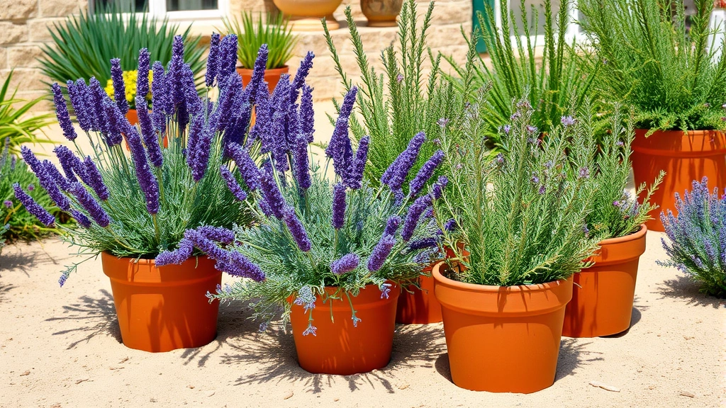 Mediterranean herb garden with lavender, rosemary, and sage plants growing in full sun with sandy soil and terra cotta pots, natural daylight