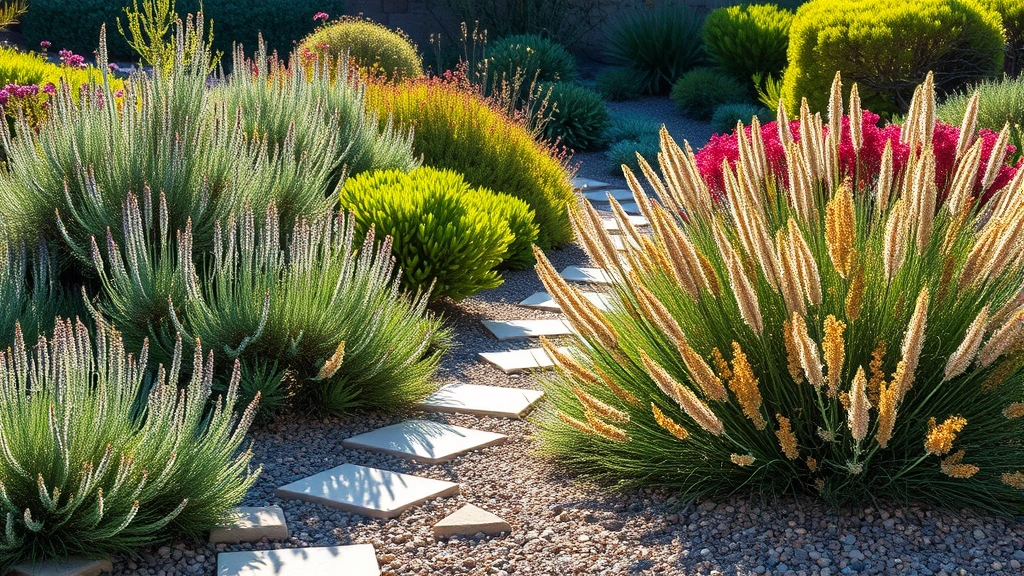 Lush coastal California native plants including sage and ceanothus shrubs thriving in Mediterranean garden landscape with stone pathways and mulched beds, warm sunlight, realistic garden setting