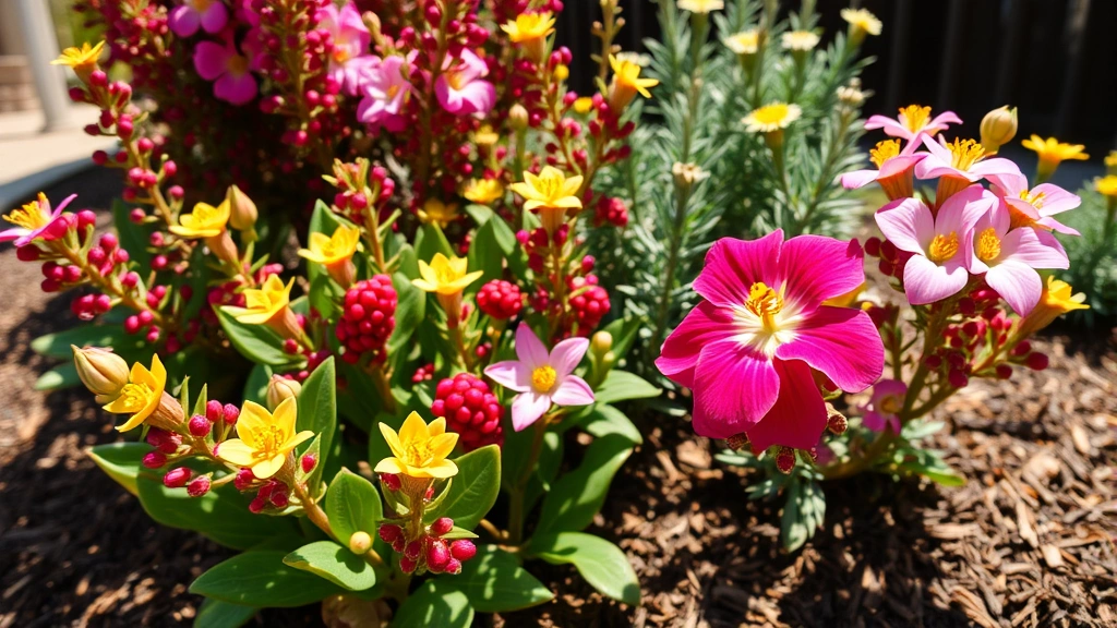 Vibrant California native plants including toyon berries and ceanothus flowers blooming in a residential garden bed with mulch, warm southern California sunlight