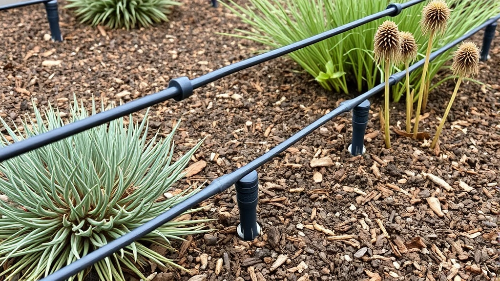 Drip irrigation system delivering water to native California plants including sage and buckwheat, demonstrating water-efficient landscape design with visible emitters and mulched soil