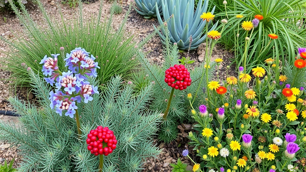 Diverse California native plants including ceanothus with blue flowers, toyon with red berries, and colorful wildflowers in a drought-tolerant landscape garden
