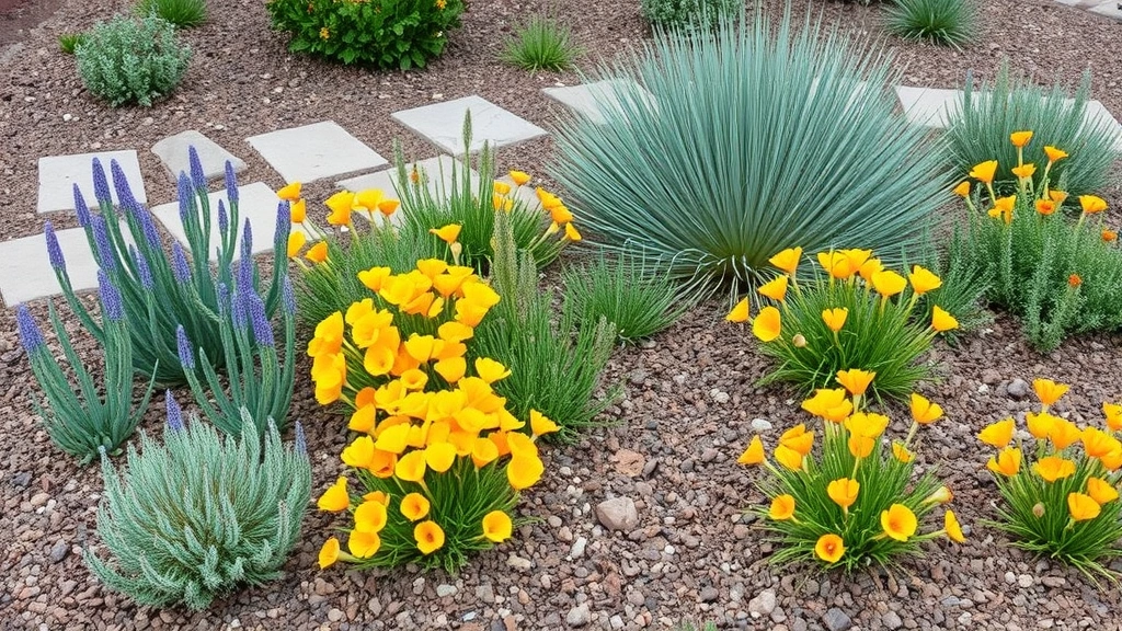 Native California plants including sage, California poppies, and ceanothus in a drought-tolerant landscape design with mulch, stone pathways, and water-wise irrigation drip lines