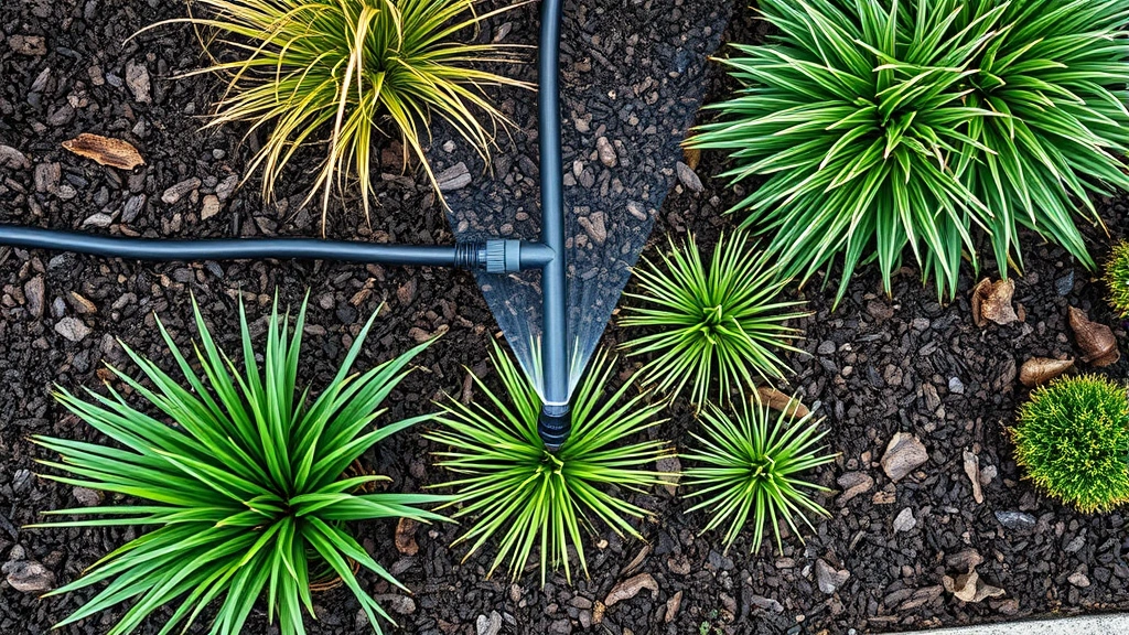 Overhead view of drip irrigation system delivering water directly to plant root zones in mulched garden bed with various ornamental grasses and shrubs, professional landscape installation