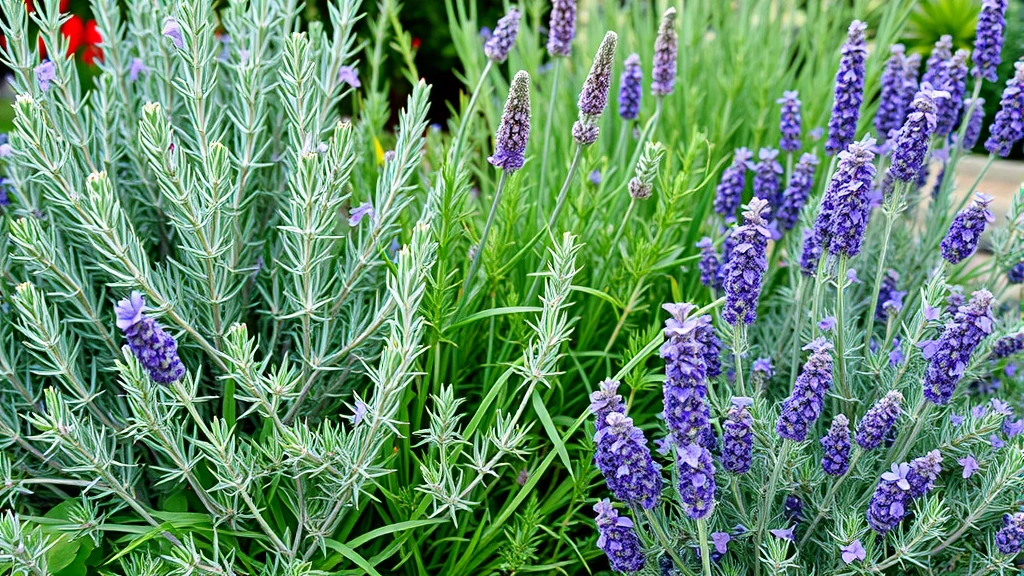 Lush Mediterranean herb garden with rosemary, lavender, and thyme plants growing together, silvery-green foliage with purple and blue flowers, professional landscaping setting