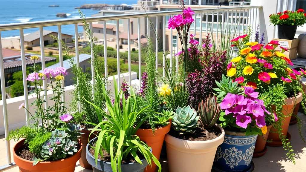 Container gardens with colorful herbs, succulents, and flowering plants arranged on a sunny patio or balcony with coastal garden views
